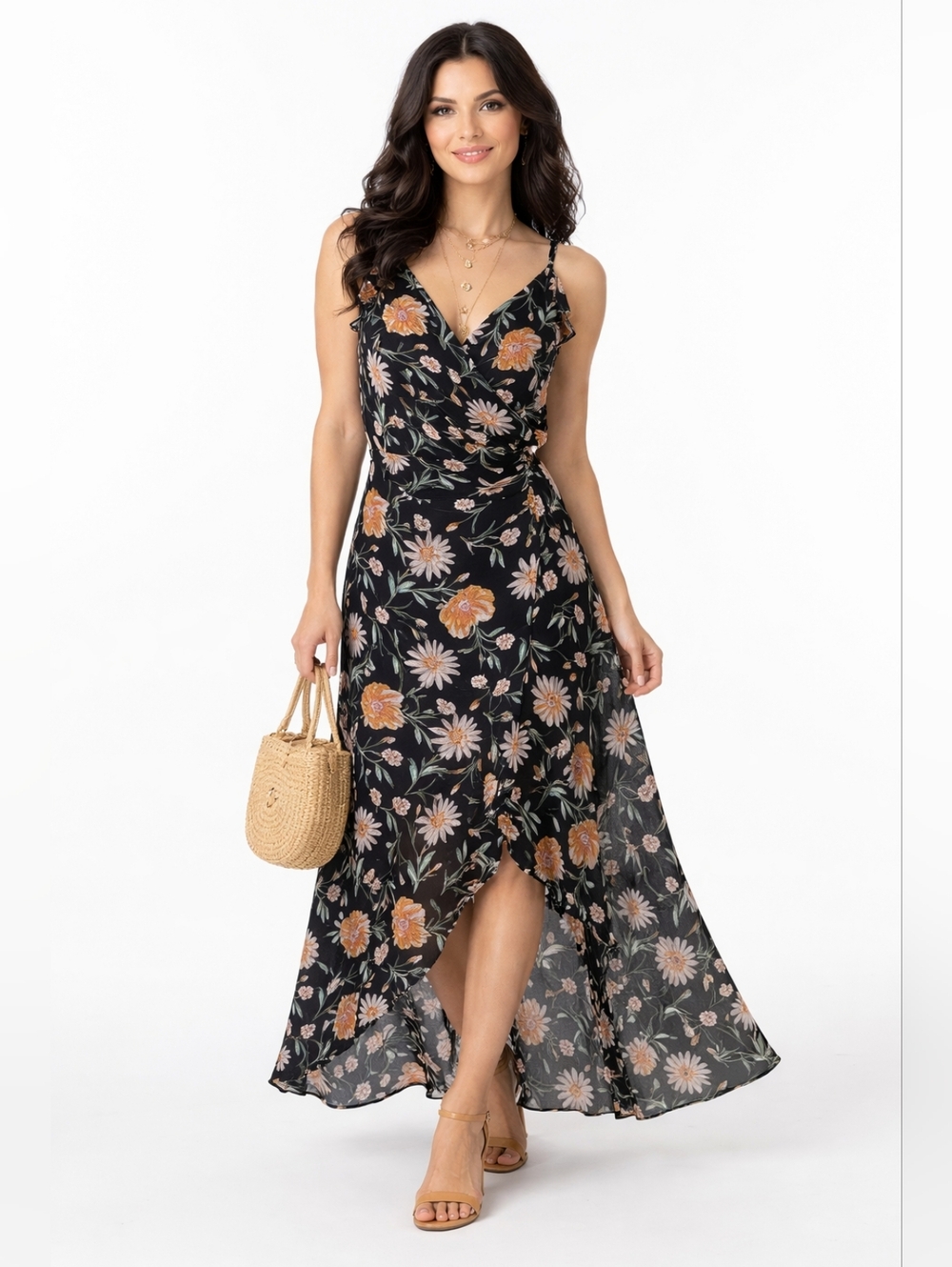 Floral High-Low Maxi Dress Black Orange Pink Metallic Shimmer Chiffon V-Neck